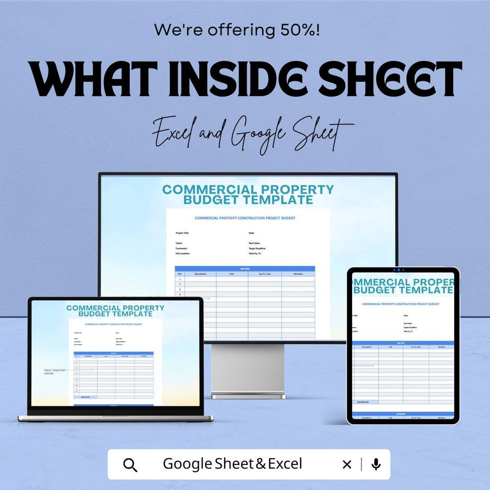 Commercial Property Budget Sheet - Excel & Google Sheet Template | Construction Project Budget Planner | 50% Off | Property Management Tool