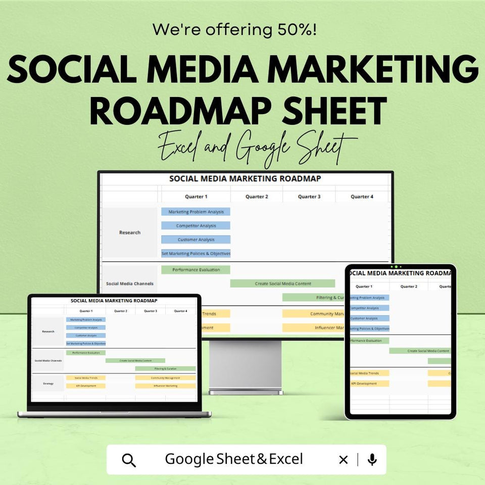 Social Media Marketing Roadmap Sheet | Google Sheets Template | Strategic Marketing Plan | Social Media Planner | Quarterly Marketing