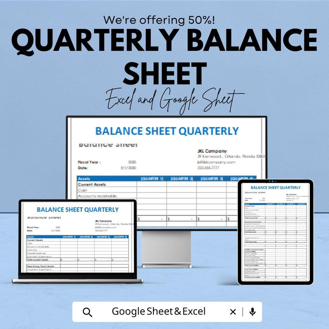 Quarterly Balance Sheet Template | Excel & Google Sheets | Business Finance Tracker | Editable Financial Statement | Instant Download