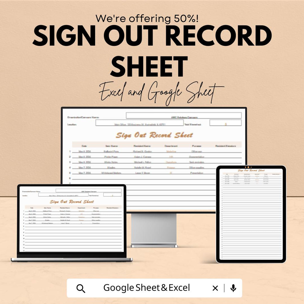 Sign Out Record Sheet | Excel and Google Sheets Template | Employee or Visitor Sign-Out Log | Accountability & Tracking Sheet