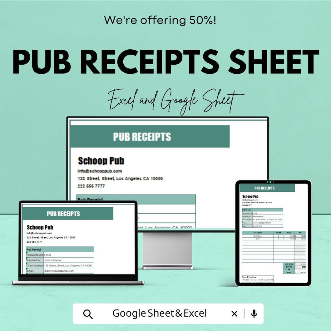 Pub Receipts Sheet Template - Excel & Google Sheet for Easy Financial Tracking