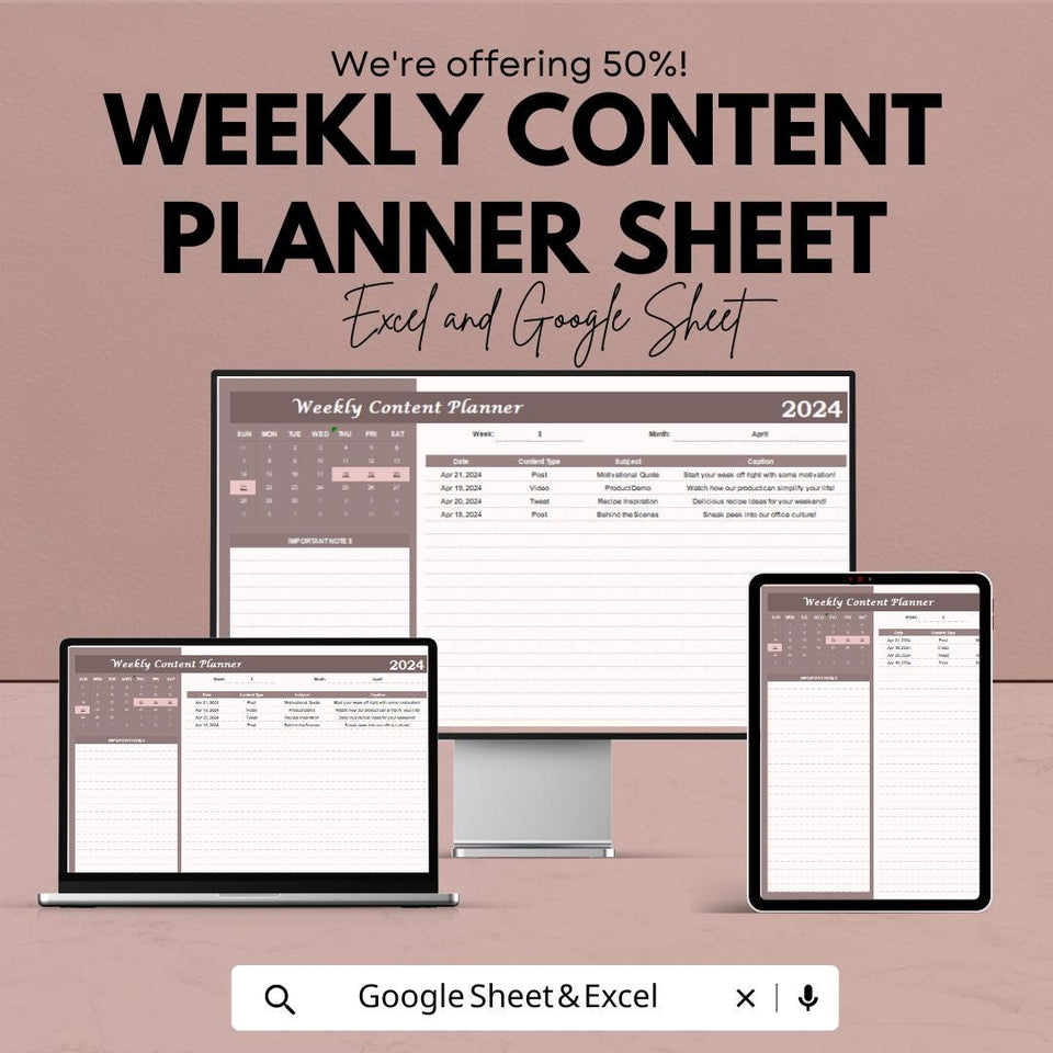 Weekly Content Planner Sheet | Google Sheets & Excel Template | Social Media Calendar | Content Plan Tracker | Digital Marketing Planne