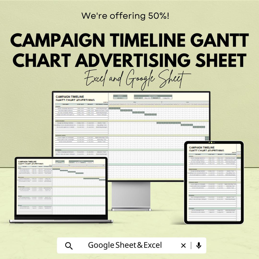 Campaign Timeline Gantt Chart Advertising Sheet | Media Plan Scheduling Template | Google Sheet & Excel Format