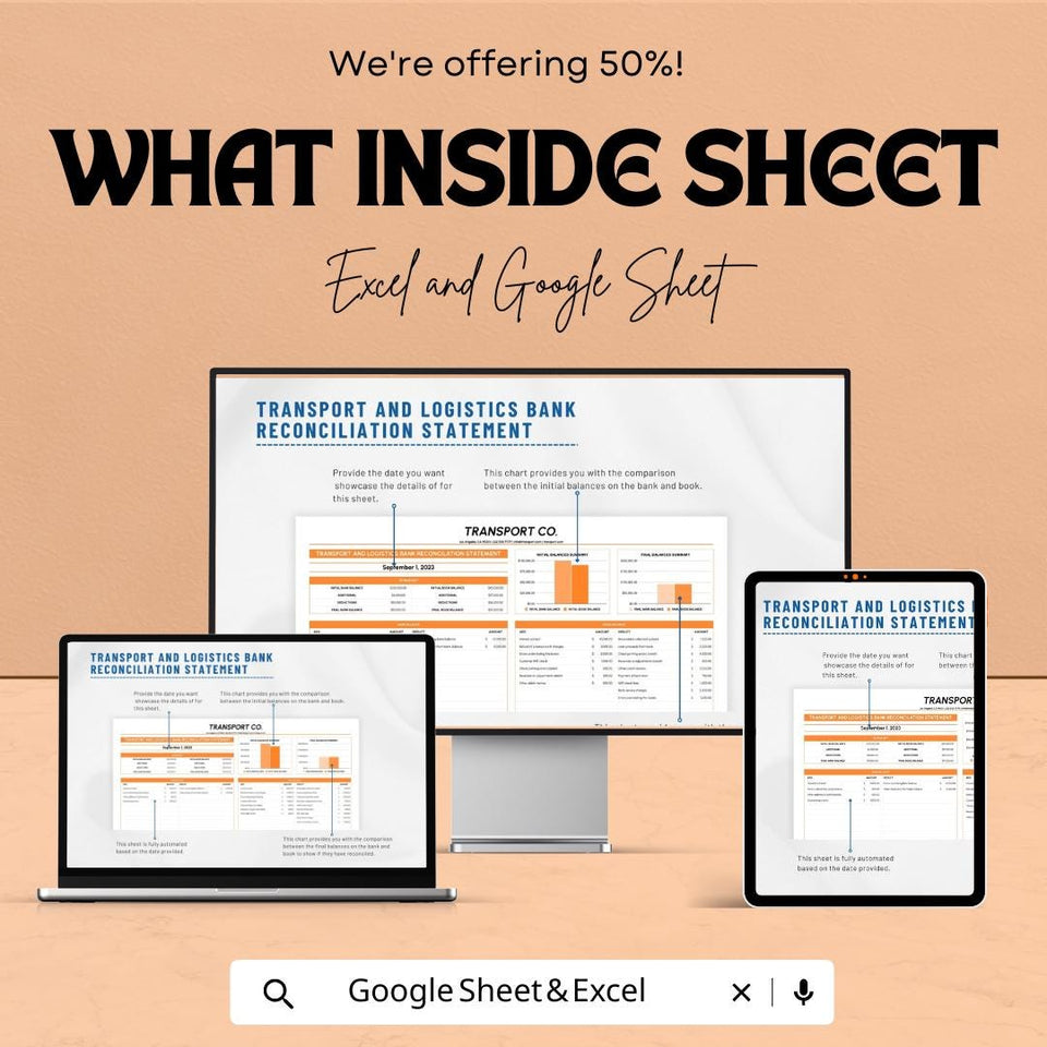 Transport and Logistics Bank Reconciliation Statement | Excel and Google Sheet Template | Financial Tracker | Digital Download