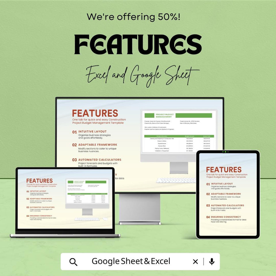 Construction Project Budget Management Sheet - Excel & Google Sheets Template - Budget Planning, Project Costing, Expense Tracker