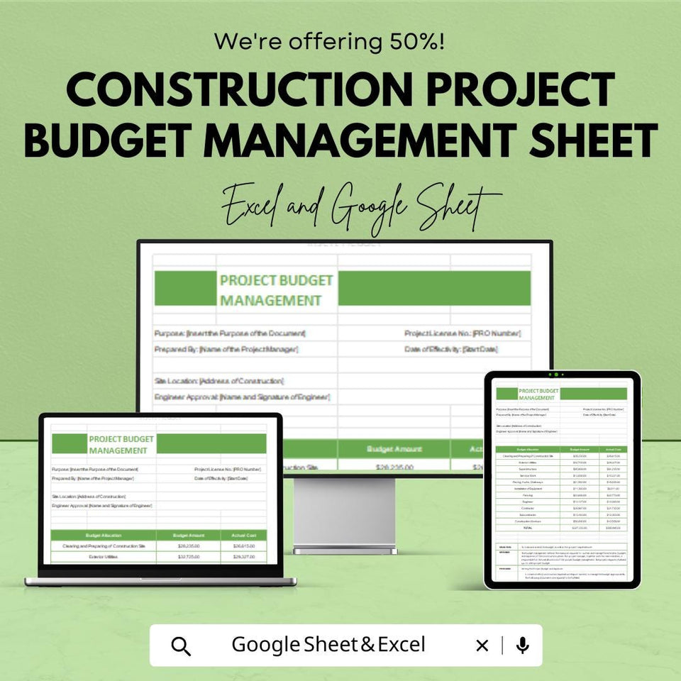 Construction Project Budget Management Sheet - Excel & Google Sheets Template - Budget Planning, Project Costing, Expense Tracker
