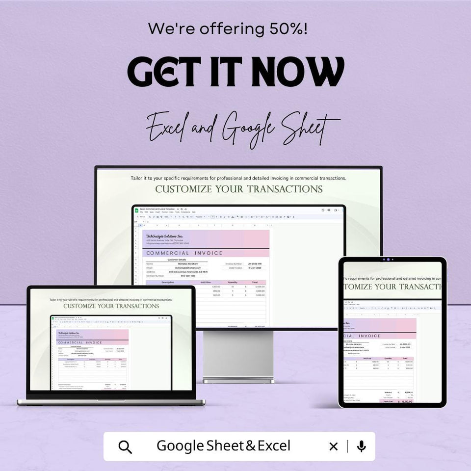 Basic Commercial Invoice Sheet - Excel & Google Sheets Template for Professional Invoicing, Customizable Invoice Generator - 50% Off