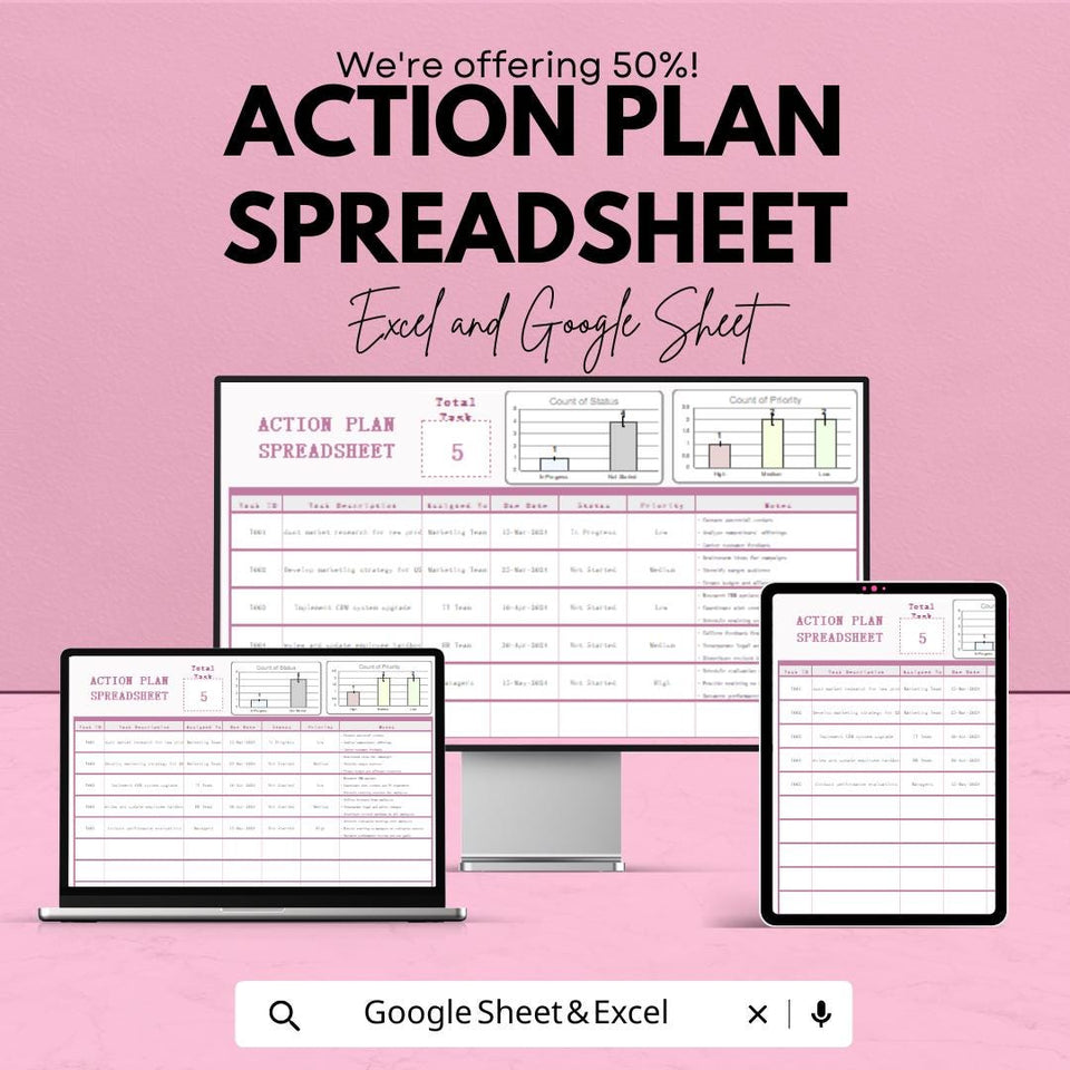Action Plan Spreadsheet - Excel & Google Sheet Template for Task Management, Project Planning, Collaboration - 50% Off