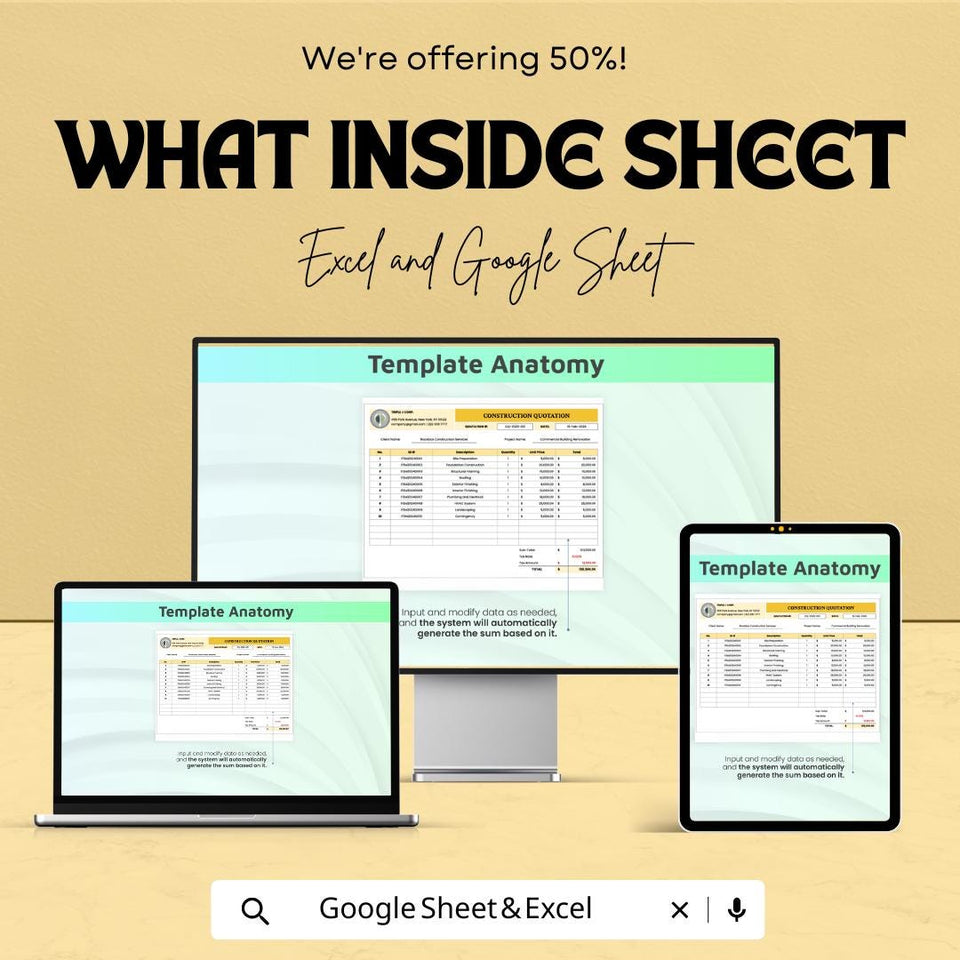 Construction Quotation Template for Excel & Google Sheets – 50% Off – Professional Project Estimation Tool