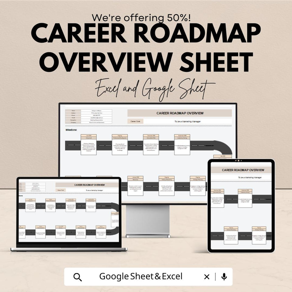 Career Roadmap Overview Sheet - Excel & Google Sheets Template for Career Planning, Goal Setting, and Milestone Tracking - 50% Off