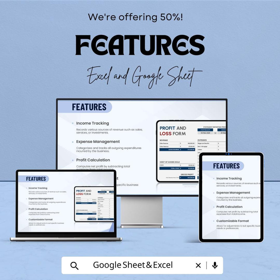Profit and Loss Form Sheet – Excel and Google Sheets | Financial Statement Template | Business Expense & Revenue Tracker