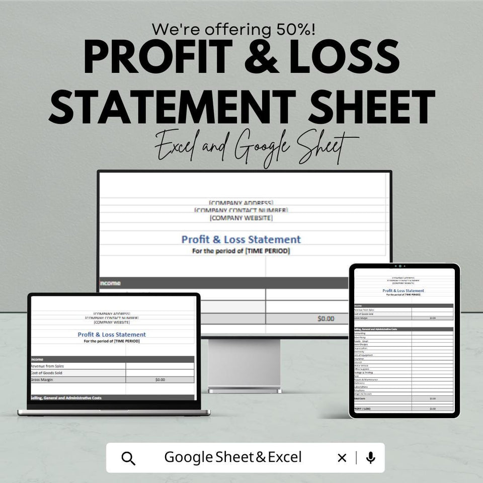 Profit and Loss Statement Sheet | Excel and Google Sheets | Business Finance Tracker | Printable P&L Template | Small Business Accounting