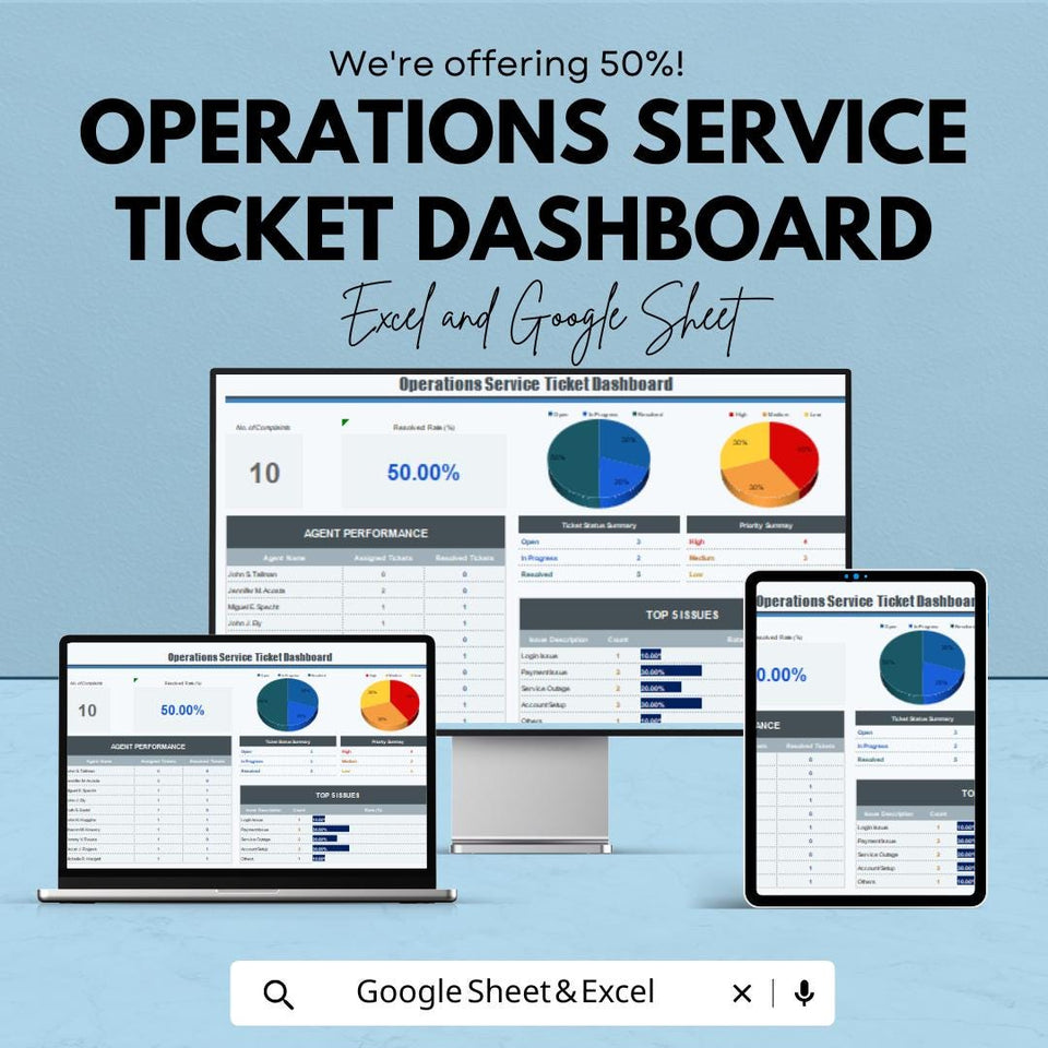 Operations Service Ticket Dashboard | Excel & Google Sheets | Helpdesk Tracker | Performance Metrics Sheet | Issue Resolution Log