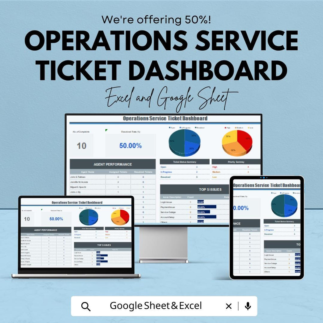 Operations Service Ticket Dashboard | Excel & Google Sheets | Helpdesk Tracker | Performance Metrics Sheet | Issue Resolution Log