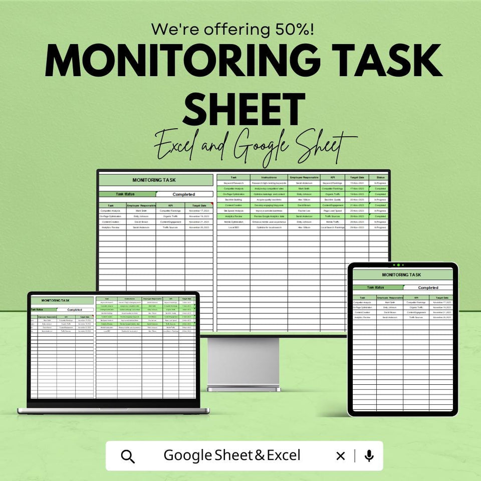Monitoring Task Sheet Excel & Google Sheets | Task Tracker Template for Status, KPIs, and Goal Progress