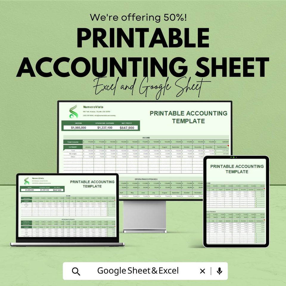 50% Off - Printable Accounting Sheet for Excel and Google Sheets | Monthly Financial Tracker | Income & Expense Template | Budget Planner |
