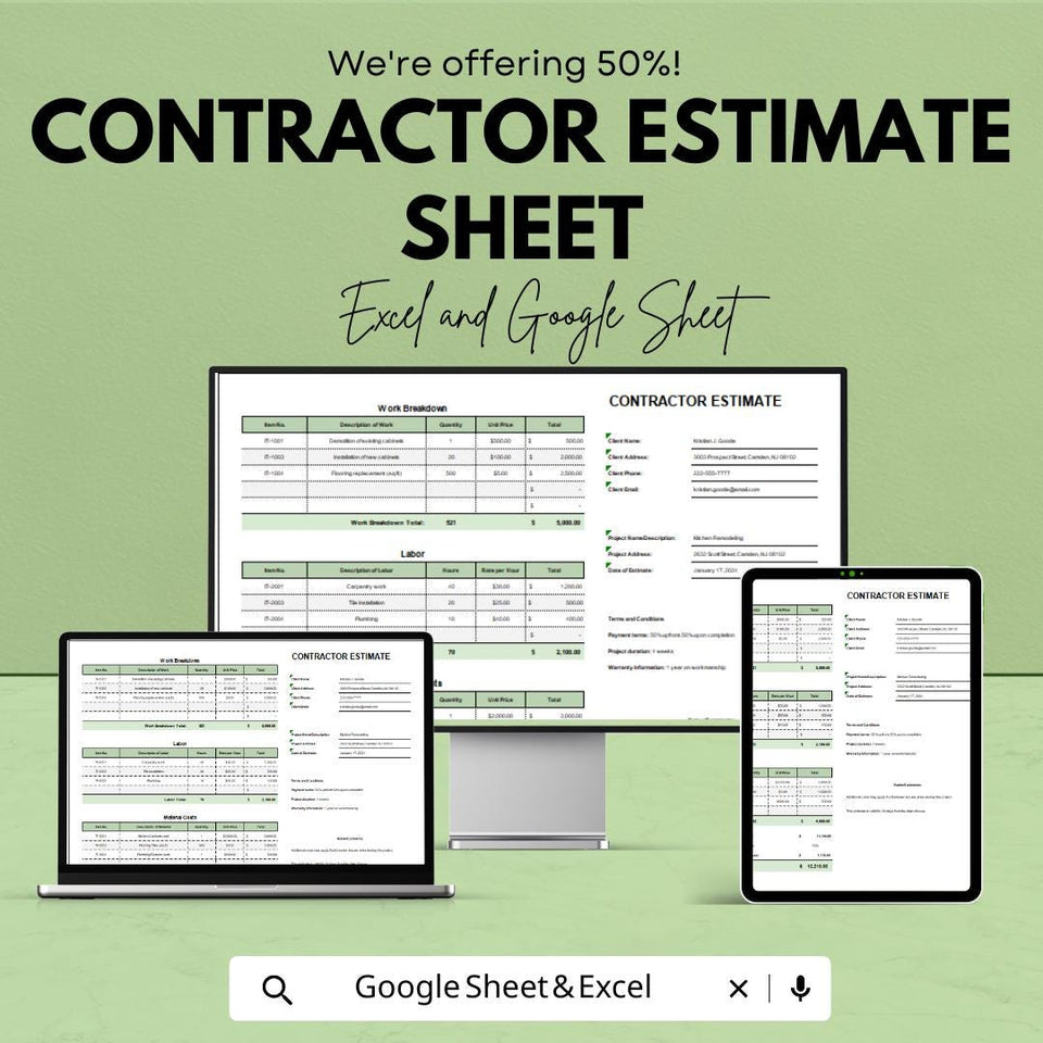 Contractor Estimate Template for Construction Projects | Excel & Google Sheets | 50% OFF