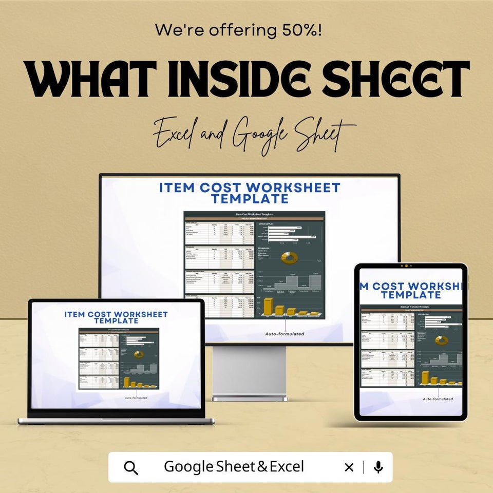 Item Cost Worksheet Template | Excel and Google Sheet | Track Project Costs, Profit Margins & Pricing