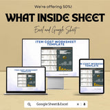 Item Cost Worksheet Template | Excel and Google Sheet | Track Project Costs, Profit Margins & Pricing