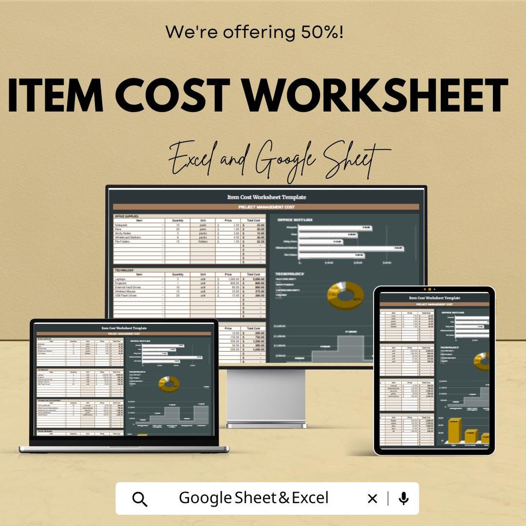 Item Cost Worksheet Template | Excel and Google Sheet | Track Project Costs, Profit Margins & Pricing