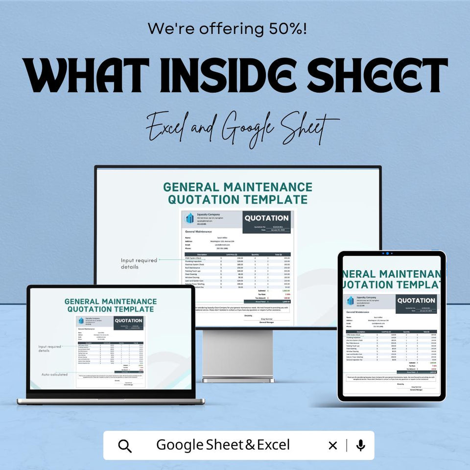 General Maintenance Quotation Sheet | Service Quote Template | Google Sheets & Excel | Editable Pricing Estimate Form
