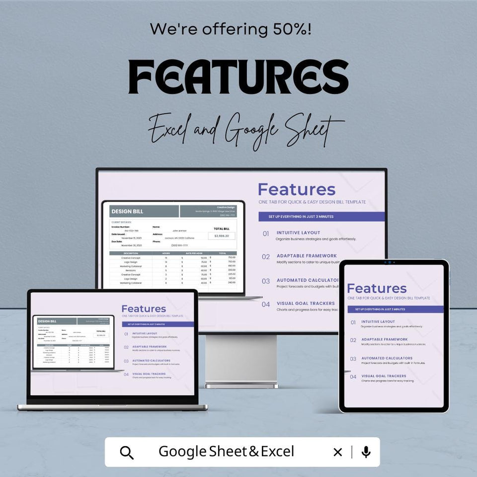 Design Bill Template - Excel & Google Sheets, Client Invoice, Creative Billing, Project Bill Tracker, Professional Design Billing Sheet,