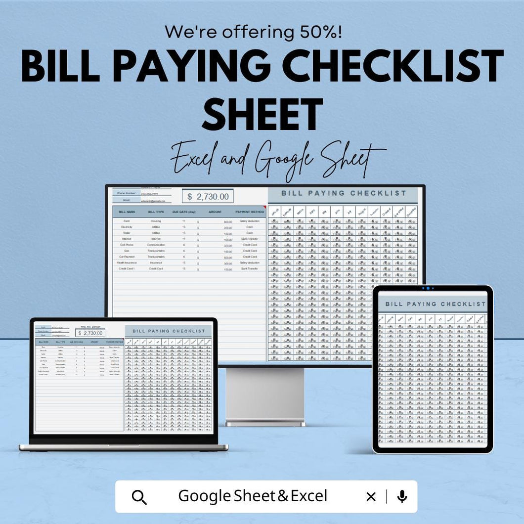 Bill Paying Checklist Template - Google Sheets, Bill Organizer, Payment Tracker, Monthly Bill Checklist, Budgeting Tool, Digital Download