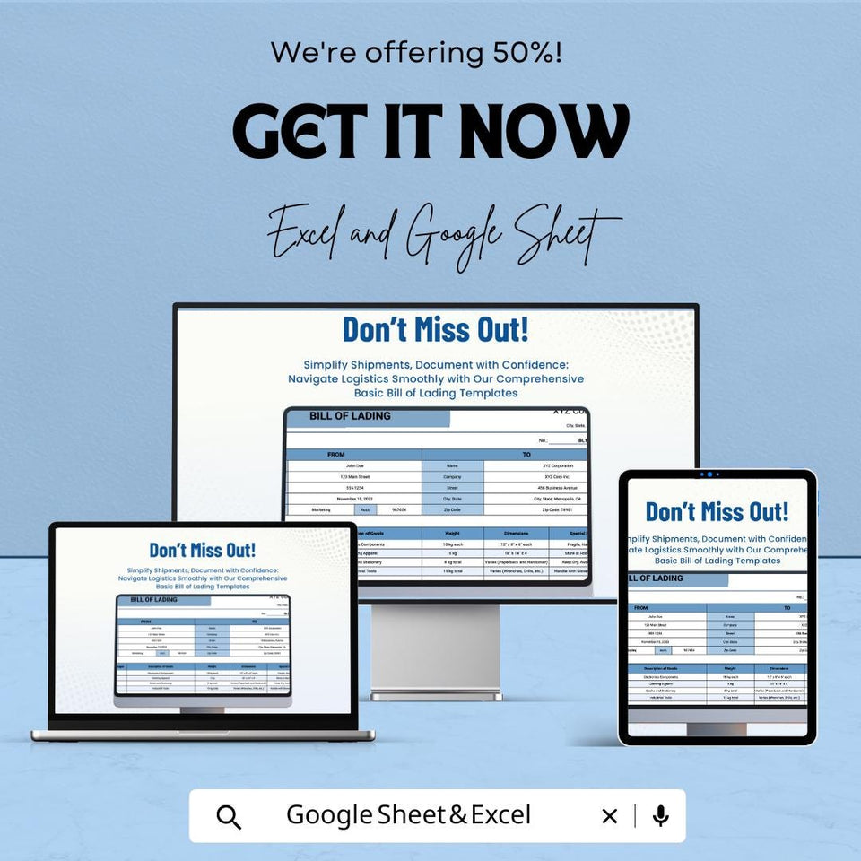 Bill of Lading Format Template - Excel & Google Sheets, Shipping Documentation, Freight Bill, Logistics Tracker, Digital Download,