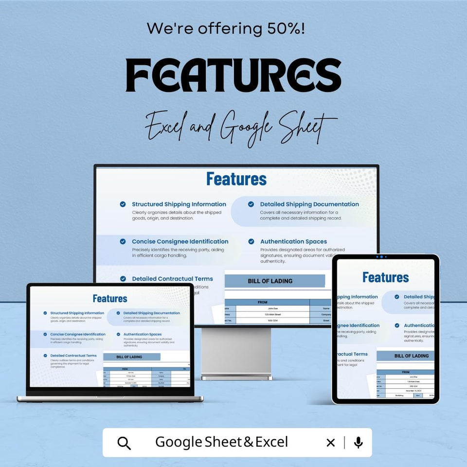 Bill of Lading Format Template - Excel & Google Sheets, Shipping Documentation, Freight Bill, Logistics Tracker, Digital Download,