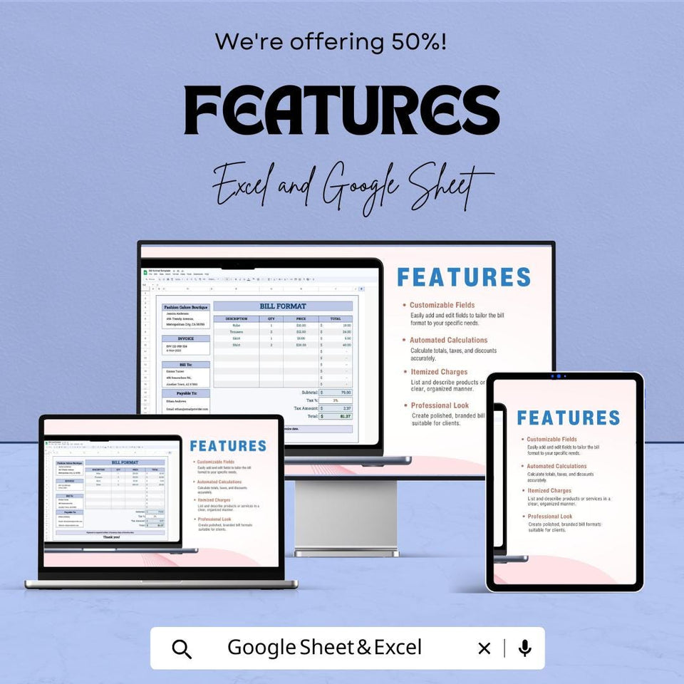 Bill Format Template - Excel & Google Sheets, Professional Invoice Generator, Billing Sheet, Sales Receipt, Customizable Bill Template,