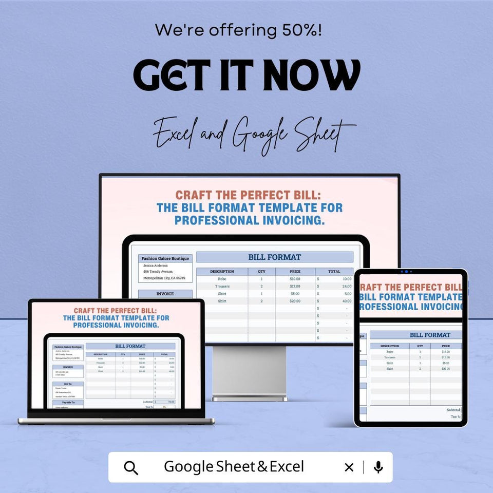 Bill Format Template - Excel & Google Sheets, Professional Invoice Generator, Billing Sheet, Sales Receipt, Customizable Bill Template,