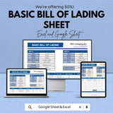 Basic Bill of Lading Template - Excel & Google Sheets, Shipping Documentation, Freight Bill, Logistics Tracker, Digital Download,