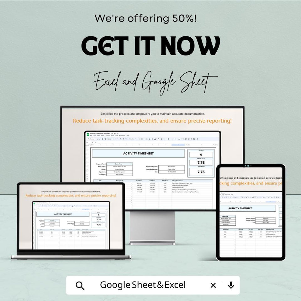 Activity Timesheet Template - Google Sheets, Track Work Hours, Employee Timesheet, Digital Download, Work Log, Printable Timesheet,