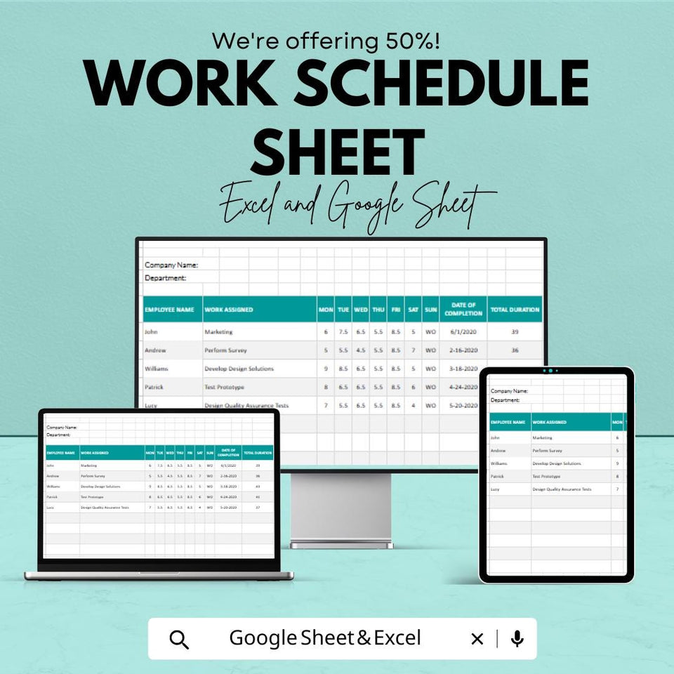 Work Schedule Sheet Template for Excel and Google Sheets | Employee Shift Planner & Work Allocation Tracker | Boost Workforce Efficiency |