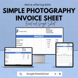 Simple Photography Invoice Template - Excel & Google Sheets, Professional Photography Billing, Customizable Invoice Sheet
