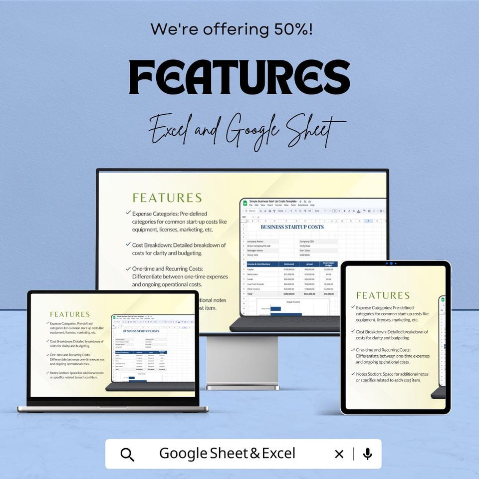 Simple Business Startup Costs Template - Excel & Google Sheets, Budget Planner for New Business, Cost Breakdown Tracker