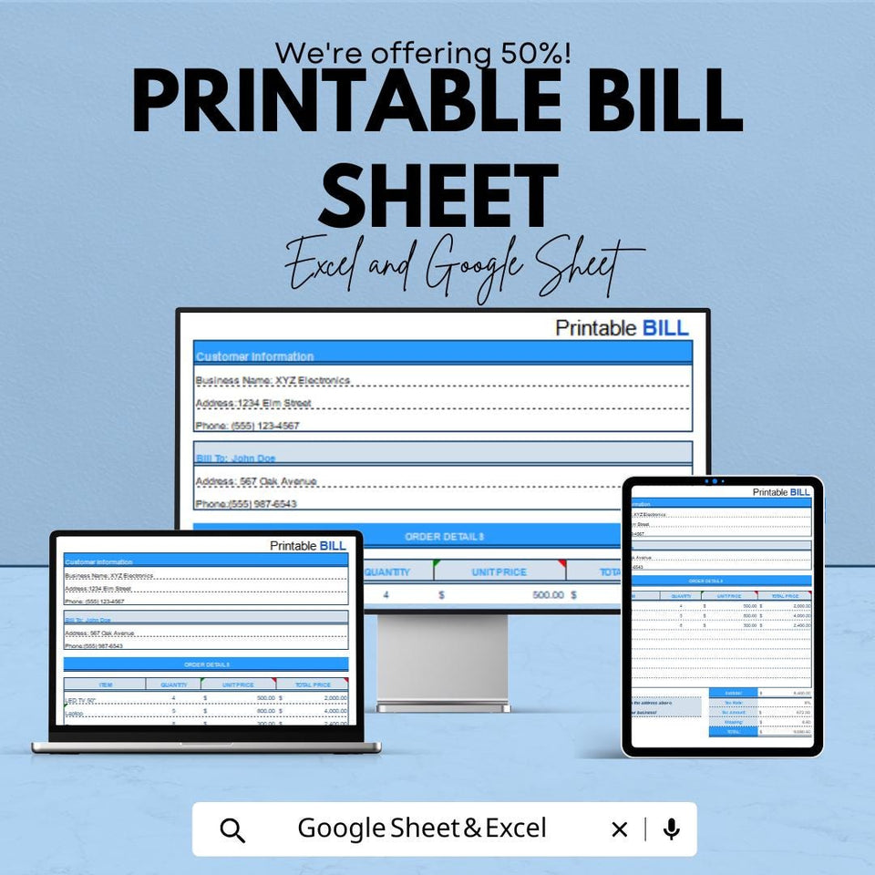 Printable Bill Template - Excel and Google Sheets, Customizable Invoice Bill, Professional Billing Sheet, Tax & Quantity Tracker