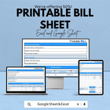 Printable Bill Template - Excel and Google Sheets, Customizable Invoice Bill, Professional Billing Sheet, Tax & Quantity Tracker
