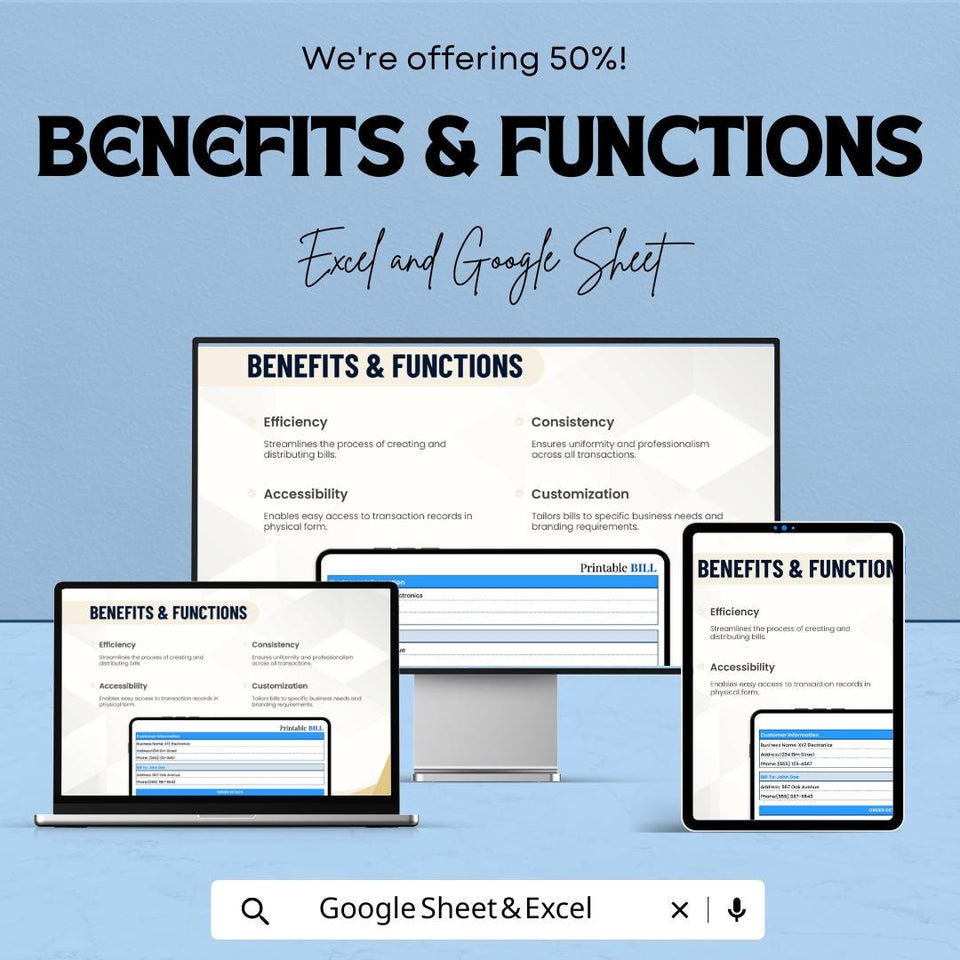 Printable Bill Template - Excel and Google Sheets, Customizable Invoice Bill, Professional Billing Sheet, Tax & Quantity Tracker