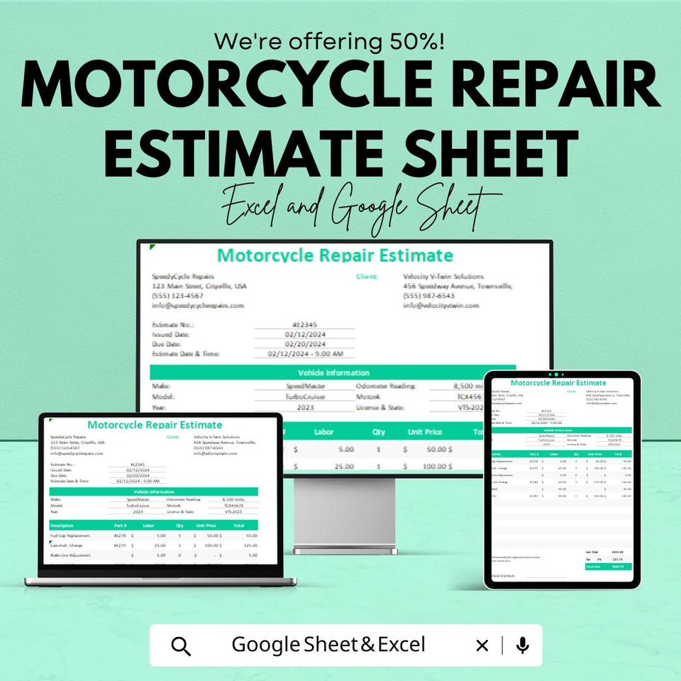 Motorcycle Repair Estimate Template - Excel & Google Sheets, Professional Vehicle Repair Estimation, Customizable, Maintenance Quote
