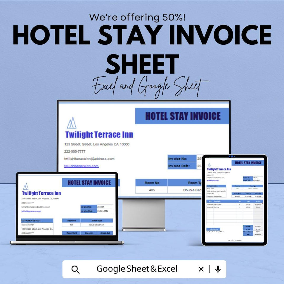 Hotel Stay Invoice Sheet | Excel & Google Sheets Template | Hotel Invoice Generator | Accommodation Invoice | Hotel Billing Template