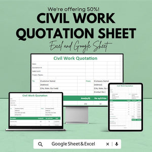 Civil Work Quotation Sheet | Excel & Google Sheets Template | Construction Quotation Form | Building Estimate Tracker | Professional Quote