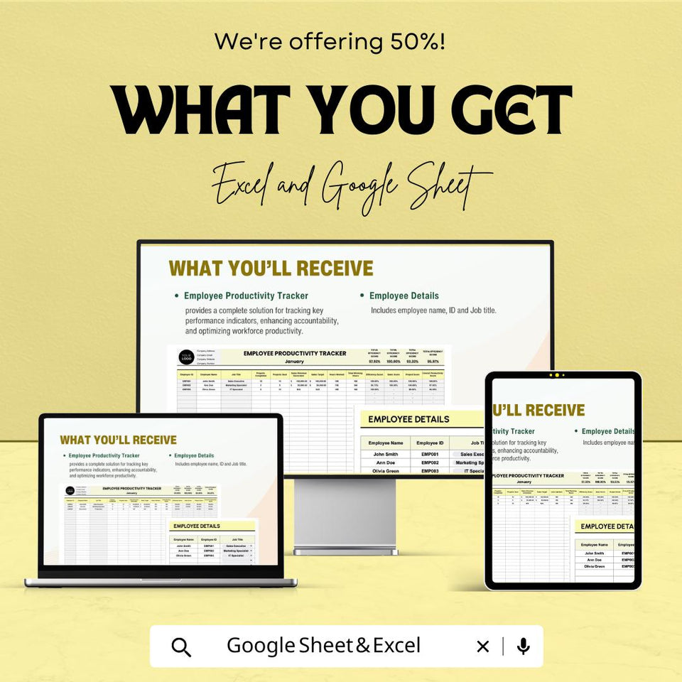 Employee Productivity Tracker HR Template - Excel & Google Sheets, Boost Team Efficiency, Performance Metrics, HR Management Tool
