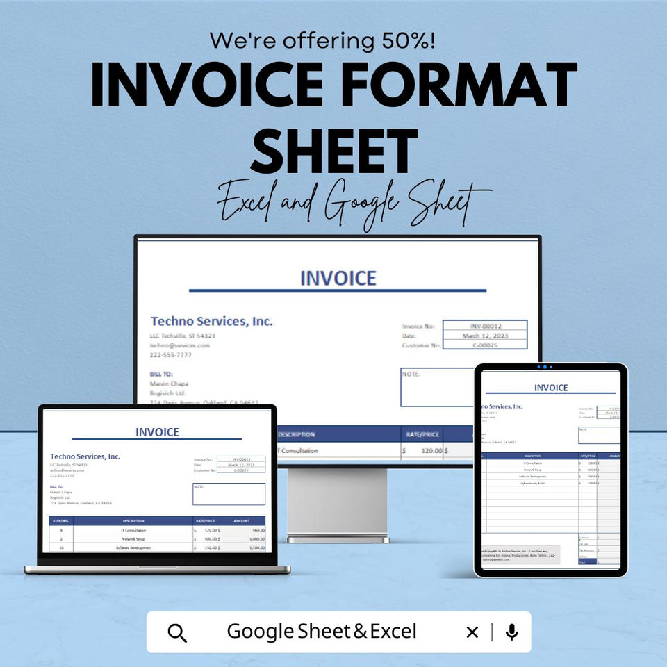 Invoice Format Sheet - Customizable Google Sheets Template, Professional Invoice Template for Billing, Easy to Use for Small Businesses