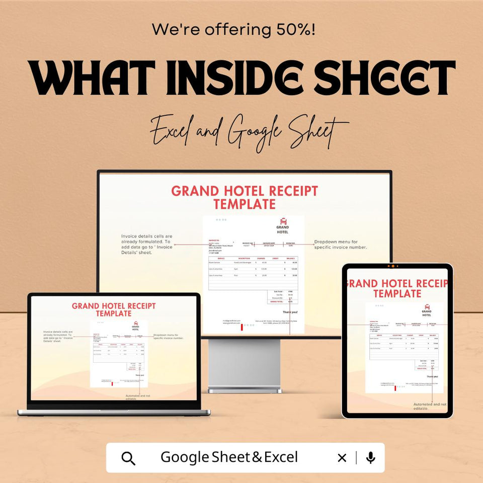 Grand Hotel Receipt Template | Editable Invoice Sheet for Hotels | Excel & Google Sheets | Instant Download