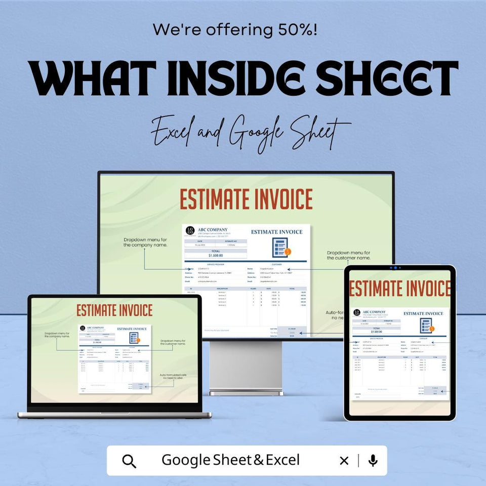 Estimate Invoice Sheet | Excel and Google Sheets | Customizable Invoice Template | Professional Estimate & Billing | Instant Download