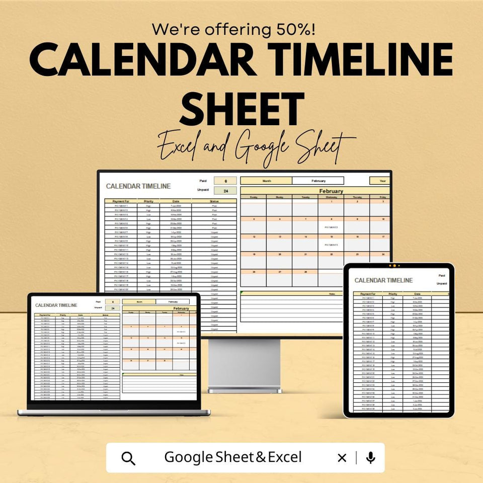 Calendar Timeline Sheet | Excel and Google Sheets | Color-Coded Timeline Template | Plan & Track Events | Customizable Monthly Calendar |