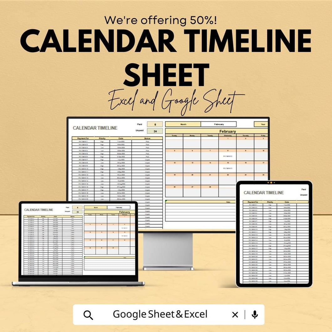 Calendar Timeline Sheet | Excel and Google Sheets | Color-Coded Timeline Template | Plan & Track Events | Customizable Monthly Calendar |