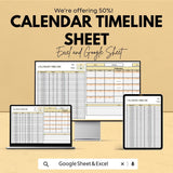 Calendar Timeline Sheet | Excel and Google Sheets | Color-Coded Timeline Template | Plan & Track Events | Customizable Monthly Calendar |