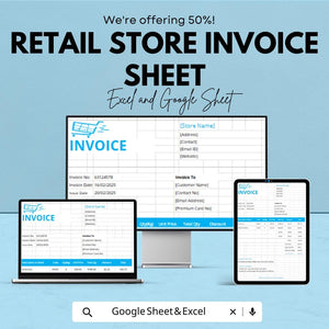 Retail Store Invoice Sheet Template for Excel and Google Sheets | Instant Download | 50% Off | Customizable & Easy Billing